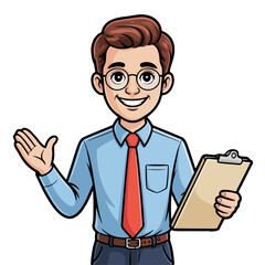 Businessman Cartoon Vector with Clipboard Vector Illustration – Smiling Office Worker in Formal Shirt and Tie Holding Document for Presentation or Report Design
