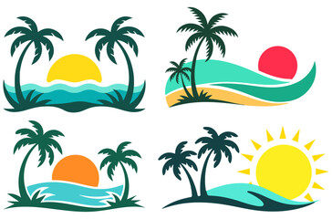 Summer tropical sea beach and sunset and sunsets sea waves, island icons vector set, palm, beach, tropical, island, vacation, sunset, travel, ocean, landscape, sun, sea, tree, palms, wave.
