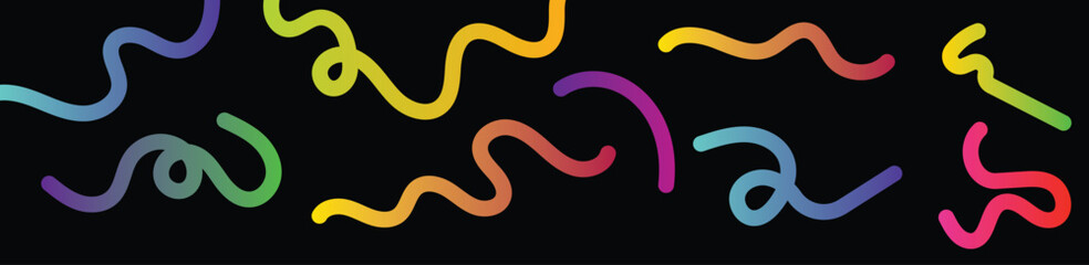 Colorful gradient lines background. Wavy abstract shapes collection. Decorative squiggle doodles set. Iridescent curved spirals elements. Vector rainbow swirls. Carnival smooth gradations strokes.