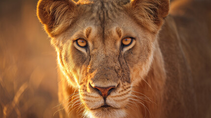 Lioness with a focused gaze and detailed fur, bathed in golden savanna light with a natural habitat backdrop. wildlife magazines.