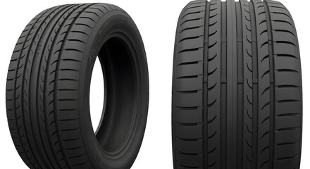 Naklejka premium Black Rubber Tires, High-Performance Tread Tires, Low-Profile Car Tires, Front and Side Tire Views, Detailed Tire Tread Design