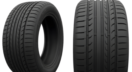 Black Rubber Tires, High-Performance Tread Tires, Low-Profile Car Tires, Front and Side Tire Views, Detailed Tire Tread Design