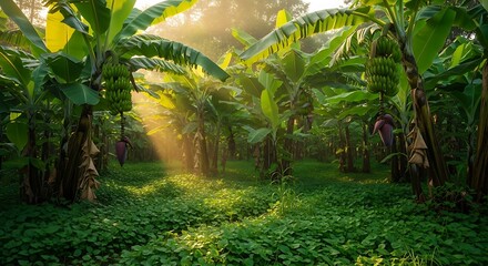 Sunlight filtering through lush banana trees in a vibrant tropical forest.