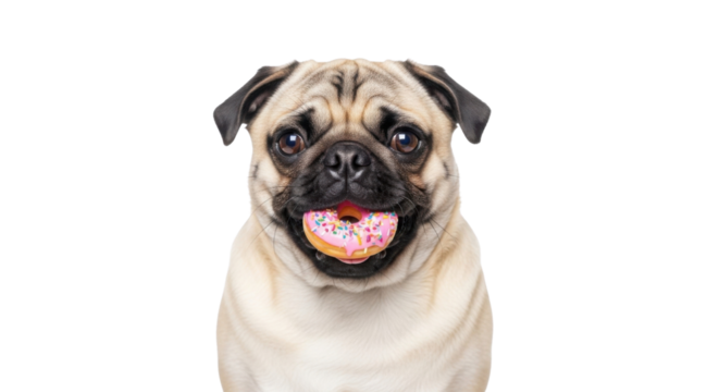 Cute pug dog holding a donut in its mouth isolated PNG with Transparent Background