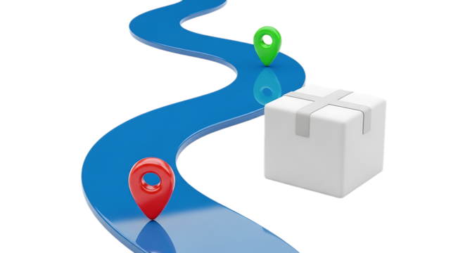 Package delivery route with location pin isolated on transparent background