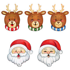 Watercolor hand drawn cartoon reindeer and santa heads