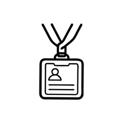 Black  white ID badge illustration with lanyard featuring stylized portrait  text lines