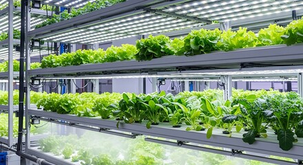 Vertical farm with rows of fresh green lettuce and other leafy vegetables growing under LED lights, showcasing modern agricultural technology and sustainable food production.