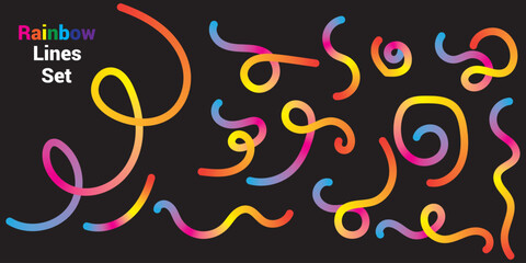 Abstract Color Line Shapes Pattern on Black Background. 3D Wave Shapes with Gradient. Vector Squiggle Graphic Element. Fun Rainbow Colored Wavy Ribbons