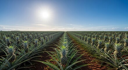 Vast Pineapple Plantation Under Bright Sunlit Sky.