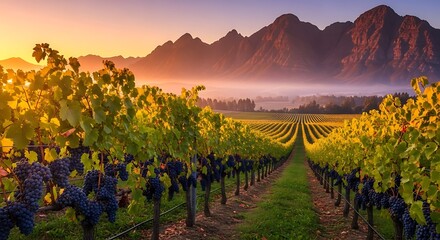Naklejka premium Sunrise over a beautiful vineyard with mountains in the background.