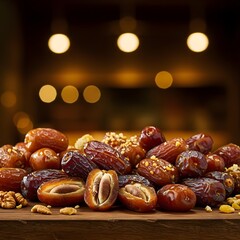 An assortment of date nuts and dates is presented on a wooden table, emphasizing their earthy tones and organic shapes.
