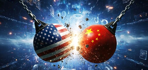 US and China Flags on Wrecking Balls Colliding, Trade War Concept