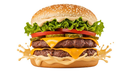 Delicious double cheeseburger with fresh toppings isolated on transparent background