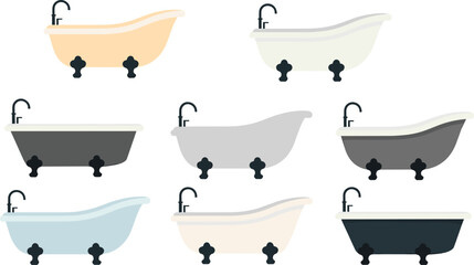 Set of vintage clawfoot bathtubs in different colors, minimalist vector illustration, bathroom interior design collection isolated on white background