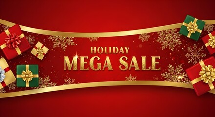 Winter Discount Red and Gold Luxury Sale Banner with Gift Boxes