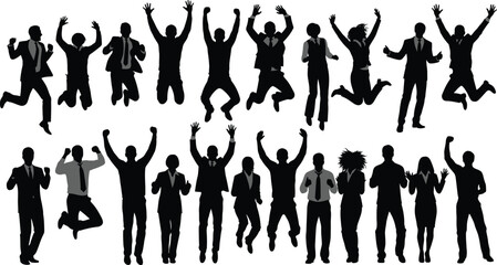 Business celebration silhouettes, diverse corporate team jumping and cheering, success concept, happy office people, vector set, energetic group, motivation, achievement.