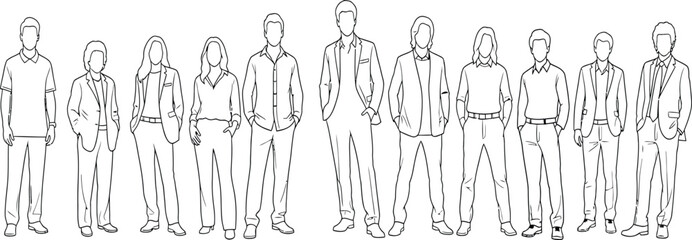 Business team outline, diverse people standing, casual to formal outfits, male female characters, faceless figures, minimalist line art vector set, HR profiles.