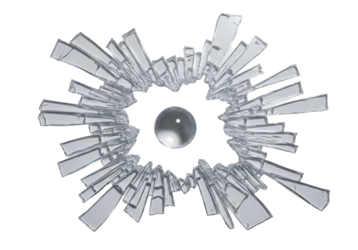 Shattered glass fragments, intricate cracks, sharp edges, cradling a pristine glass sphere on transparent. Concept of contrasting fragility and perfection