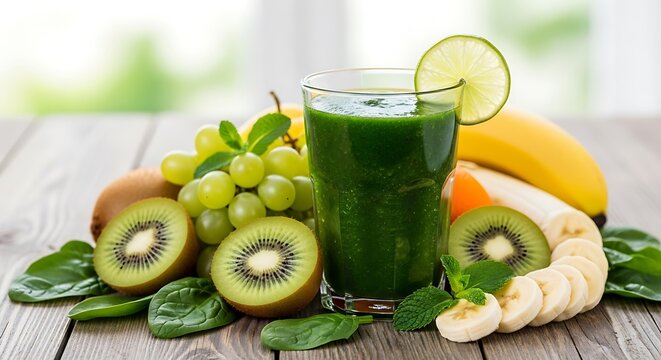 Healthy Green Smoothie with Fresh Fruits and Spinach on a Wooden Table.