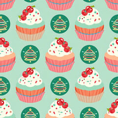 Colorful cupcake pattern with Christmas trees on mint background  