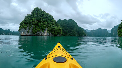 Summer travel adventure: Yellow kayak and canoe boats on a green mountain lake under a blue sky