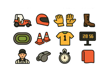 Sports equipment and accessories icons featuring helmet, gloves, and stopwatch