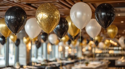 Elegant black, white and gold balloons floating indoors at festive celebration event
