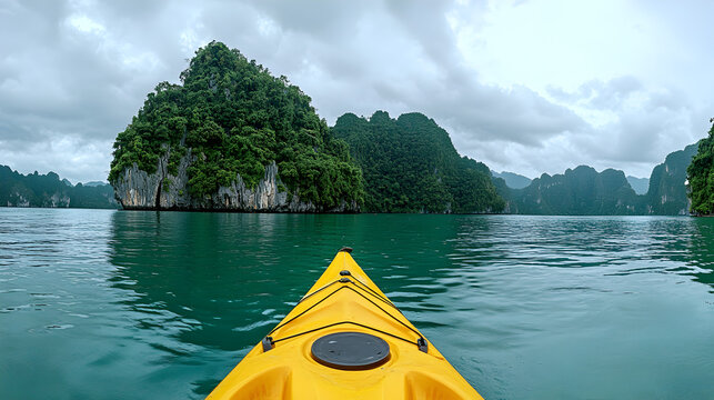 Summer travel adventure: Yellow kayak and canoe boats on a green mountain lake under a blue sky