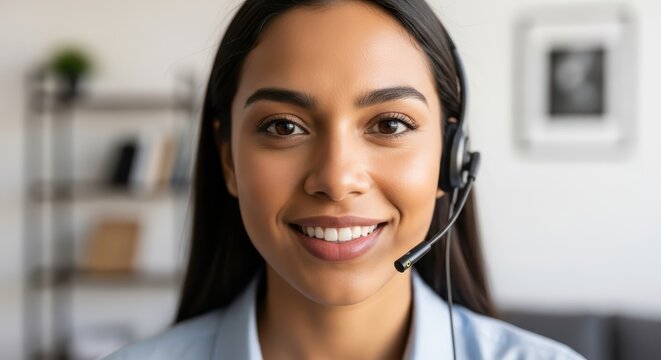 Smiling hispanic female young adult customer service representative with headset