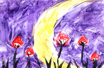 Good night, moon. Art, painting. Encaustic, art decoration, sketch. Illustration hand drawn modern, hot wax new