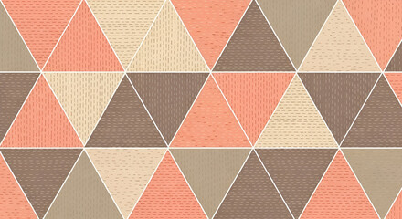 Illustration of geometric seamless pattern featuring interlocking triangles in coral, beige, and brown, with subtle stitched texture for a modern, retro feel