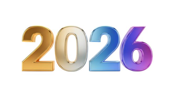 Colorful 2026 year number isolated on transparent background for new year concept