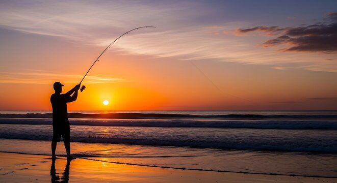 Silhouette of a lone fisherman casting his line into the ocean at sunset, with vibrant orange and purple hues reflecting on the water. - Powered by Adobe