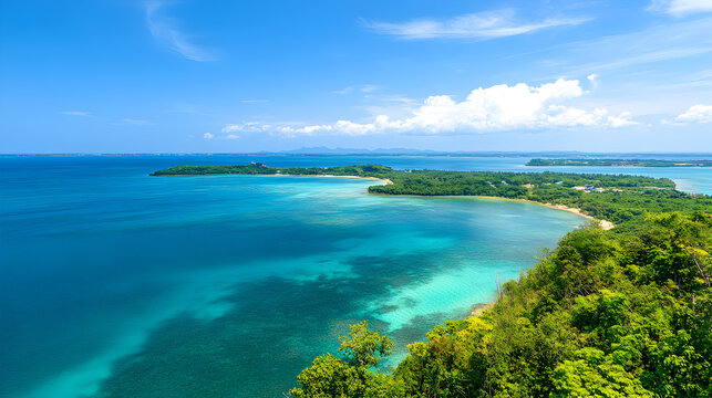A tropical Australian coastline features a turquoise sea and mountain view from the sandy beach where the blue ocean water meets a summer landscape under a cloudy horizon - Powered by Adobe