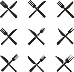 Kitchen utensils and cutlery set with black metal tool silhouettes vector illustration