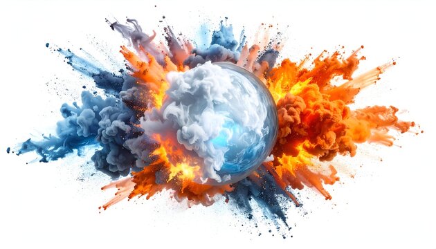 A central sphere enveloped by exploding clouds of contrasting blue, orange, and white