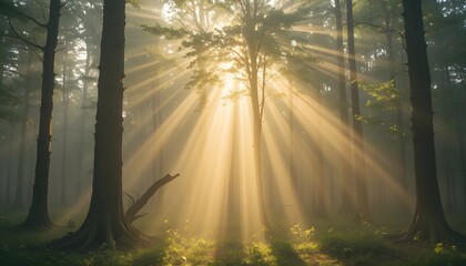 Sun rays streaming through soft mist in a quiet forest