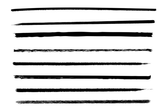 Set of black stroke lines isolated on white background Horizontal long grungy brush strokes. 