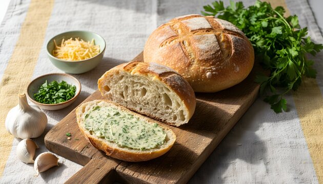 A rustic loaf of bread, sliced open and spread with herb butter, with ingredients. - Powered by Adobe
