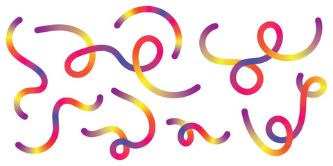 Abstract Color Gradient Lines Pattern. Vector Wave 3D Graphic Shapes with Gradient. Organic Rainbow Wavy Ribbons. Set of Fun Kid Doodle Colour Gradation Lines.