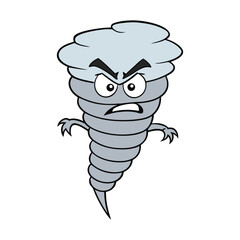 A furious cartoon tornado swirls with wild eyes and clenched teeth, spinning clouds and debris in a stormy rage, showing powerful energy and unstoppable motion.

