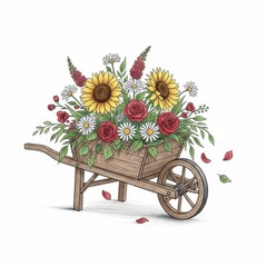 A wooden wheelbarrow filled with sunflowers roses and daisies on a white background illustration