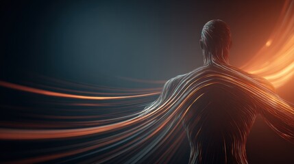 Futuristic Human Silhouette With Flowing Light Streams and Energy Waves Across Dark Background