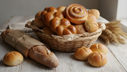 A basket of assorted breads and rolls, with a baguette wrapped in paper, on a wooden surface.
