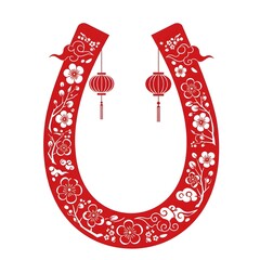 A decorative horseshoe symbolizing luck for Chinese New Year, adorned with red and gold accents.