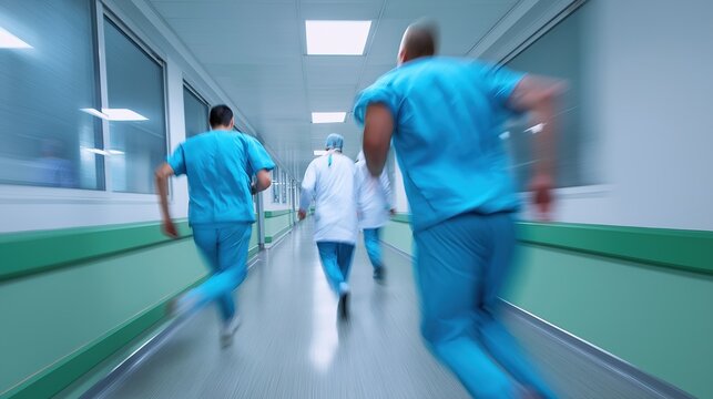 Blurred emergency medical team in action: staff responding to urgent situation in hospital corridor