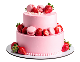 Two-tier pink buttercream birthday cake with strawberries and macarons, isolated on a transparent background, PNG