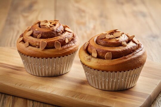 Two delicious cinnamon rolls topped with sliced almonds, served on a rustic wooden cutting board.