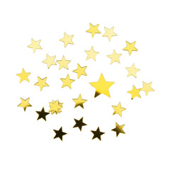 Obraz premium Multiple reflective golden star confetti, one larger focal point, on seamless transparent background with soft studio lighting, flat lay, elegant celebration and luxury product concept